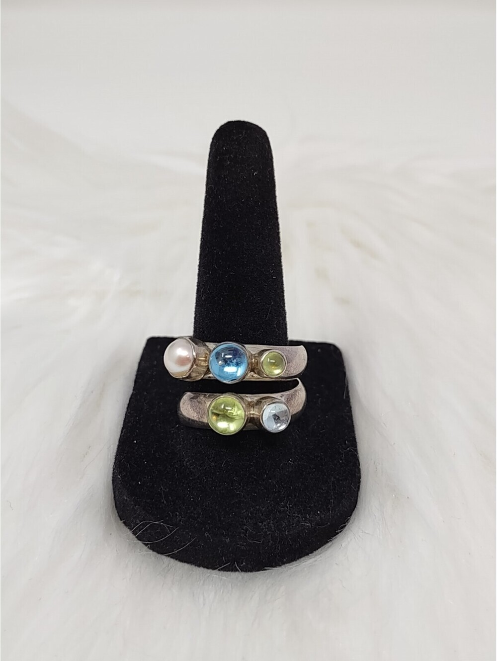 925 Sterling Silver Pearl Blue & Green Stone Wrap Ring Sz 9